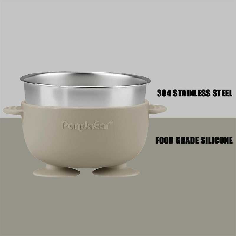 PandaEar 8PCS Baby Feeding Set | Stainless Steel Suction Plates and Bowls with Silicone Fork and Spoon Utensils | Baby Led Weaning Tableware for Toddlers & Kids (Tan & Walnut) - Image 5